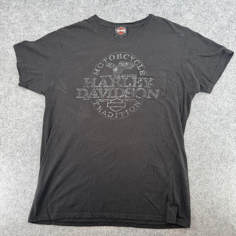 Harley-Davidson T-Shirt Mens L nano-T Black Graphic Pocket R.K. Stratman EUC